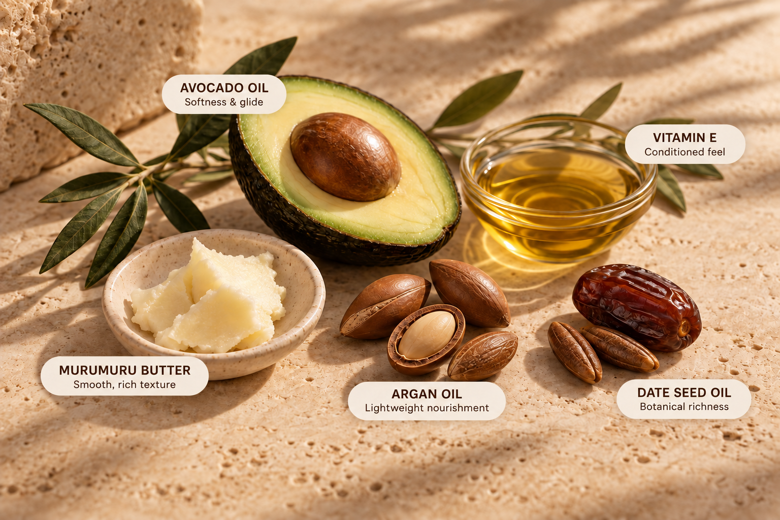 Ingredient guide: Avocado Oil — softness and glide; Vitamin E — conditioned feel; Murumuru Butter — smooth, rich texture; Argan Oil — lightweight nourishment; Date Seed Oil — botanical richness.
